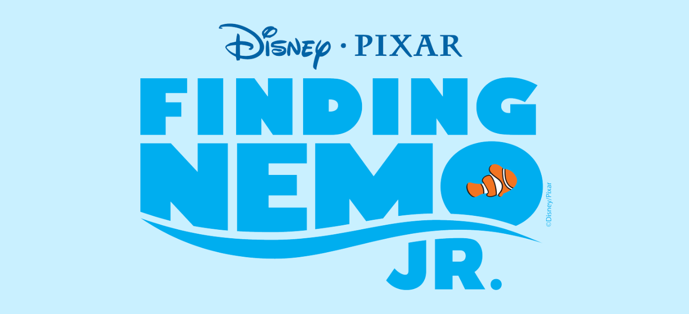 Vibrant "Finding Nemo Jr." logo in bold blue on bright blue, featuring a playful clownfish in the "O"—uniting Essex County’s creative youth.