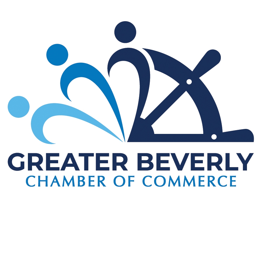 Vibrant blue figures and a creative ship’s wheel symbolize Greater Beverly's united business community in bold Essex County style.