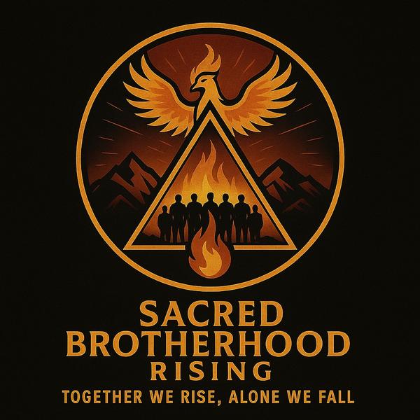 A vibrant emblem with a bold phoenix soaring over an orange triangle, eight united silhouettes, a glowing flame, and inspiring words about rising together.