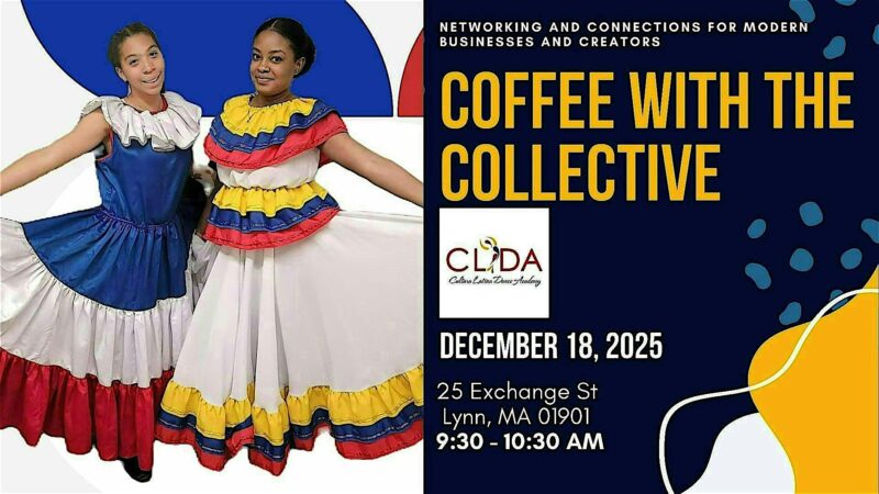 Vibrant "Coffee with the Collective" flyer: two women in festive dress welcome our Essex County community to connect Dec. 18, Lynn.