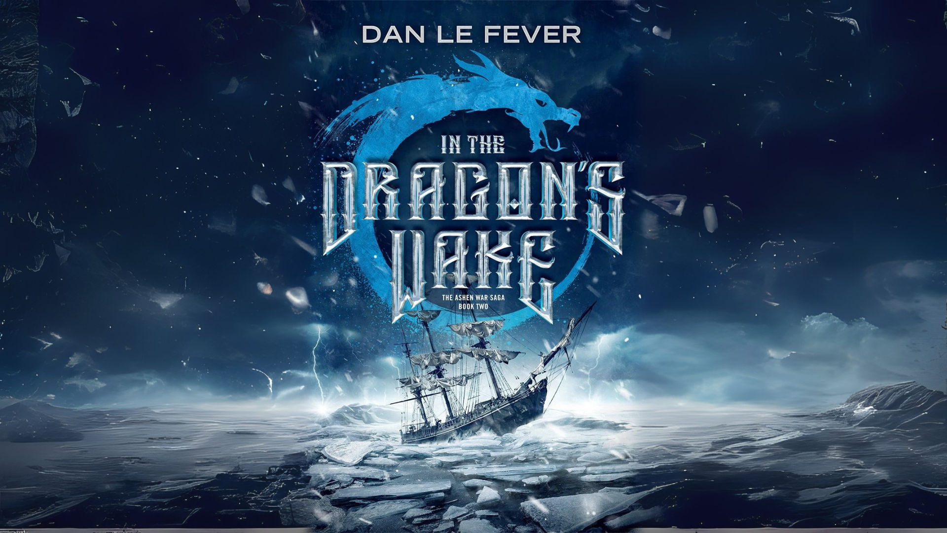 A mighty ship braves wild, icy seas beneath a stormy sky as bold blue dragon art swirls around “Dan Le Fever: In the Dragon’s Wake”—a vibrant tribute to Essex County's creative spirit.