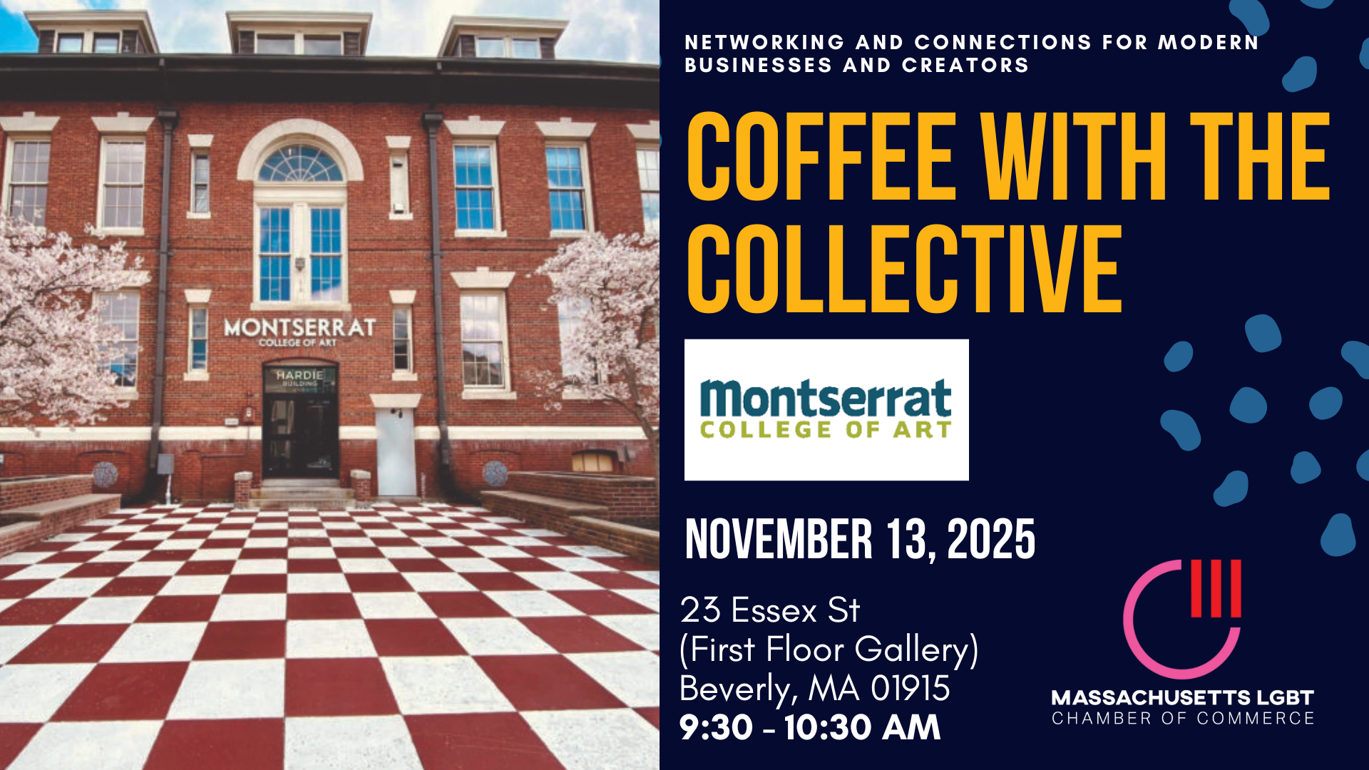 Lively flyer for "Coffee With The Collective" at Montserrat College of Art, uniting Essex County’s creative LGBTQ+ community.