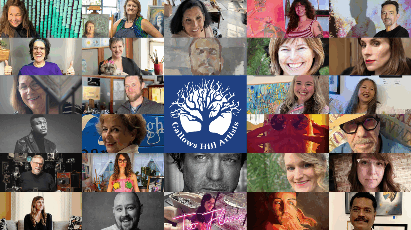 A vibrant collage of creative Essex County artists’ headshots radiates around the Gallows Hill Artists logo, celebrating local community spirit.