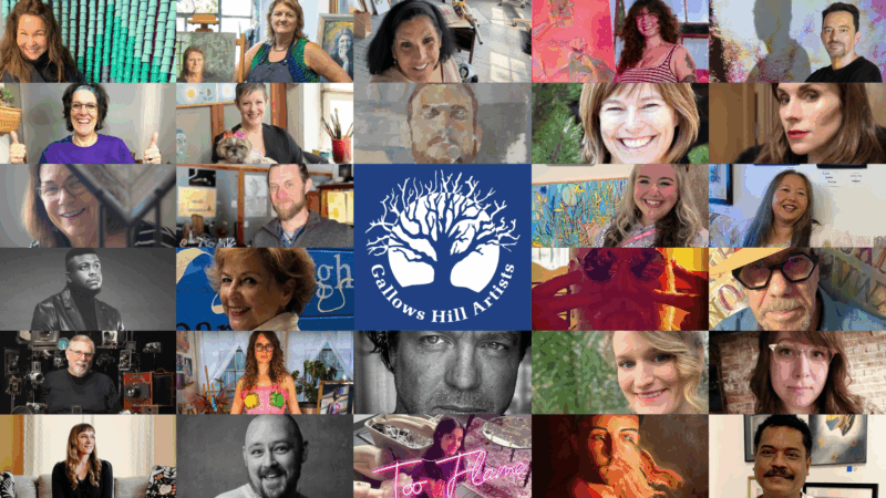 A vibrant collage of creative Essex County artists’ headshots radiates around the Gallows Hill Artists logo, celebrating local community spirit.
