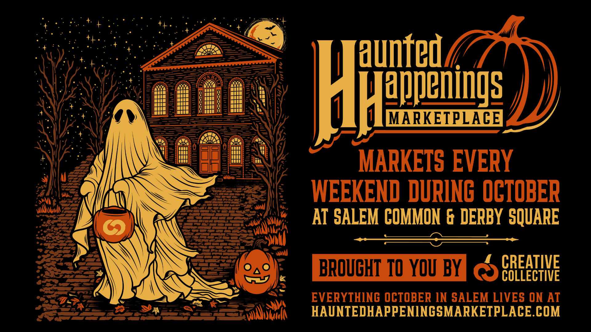 A lively ghost trick-or-treats with a jack-o’-lantern bucket before a glowing home, celebrating Salem’s creative, local fall spirit.