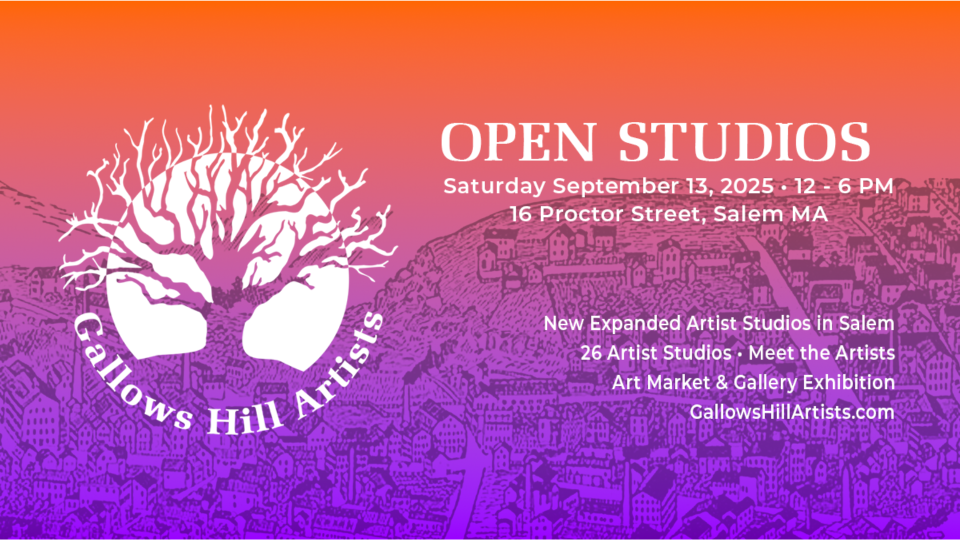Colorful flyer for Gallows Hill Artists Open Studios, Sept 13, 2025 in Salem, MA. Vibrant cityscape art and tree logo invite Essex County to connect and celebrate creativity.
