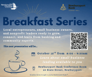 Colorful flyer for Newburyport Bank’s Breakfast Series: Connect, create, and empower Essex County small businesses, Oct 15.
