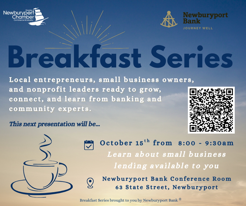 Colorful flyer for Newburyport Bank’s Breakfast Series: Connect, create, and empower Essex County small businesses, Oct 15.