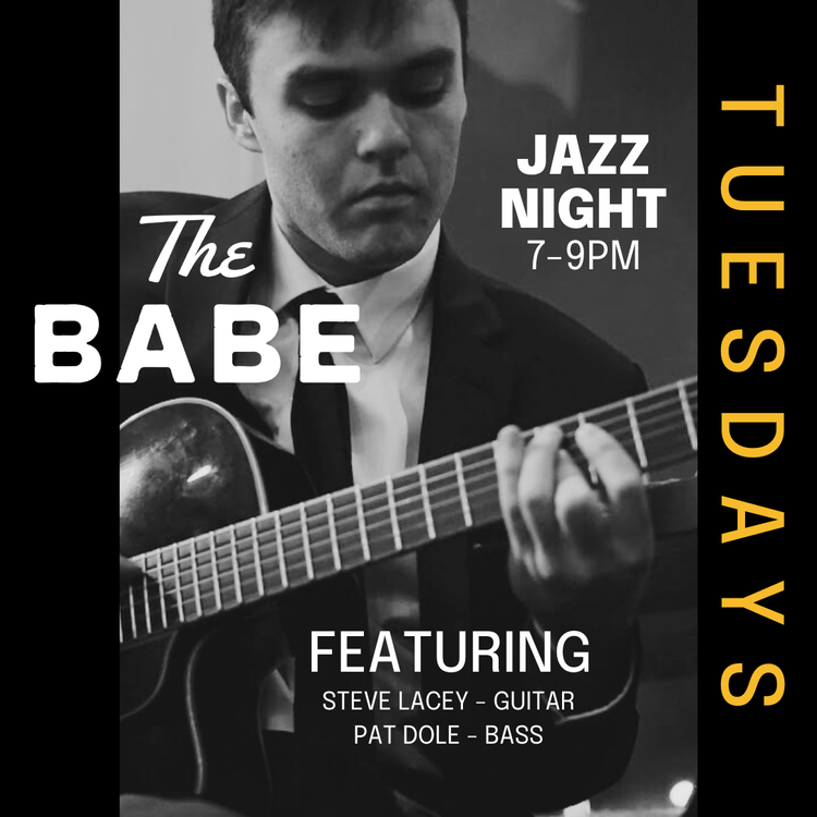 A lively black-and-white poster captures a guitarist, inviting Essex County to “Jazz Night” with bold, creative yellow text.
