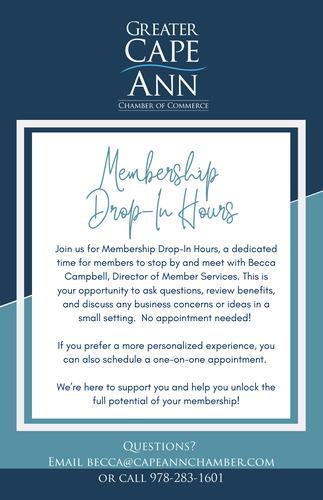A vibrant Chamber flyer invites Essex County locals to creative Membership Drop-In Hours with Becca Campbell and community support info.