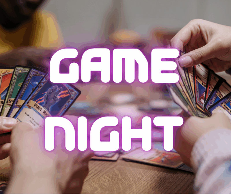 Three friends laugh and connect over vibrant cards at a lively table; "GAME NIGHT" glows above, uniting Essex County’s community spirit.