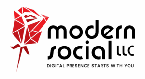 Vibrant Modern Social LLC logo with a bold red geometric rose and sleek black text, inspiring Essex County's creative digital community.
