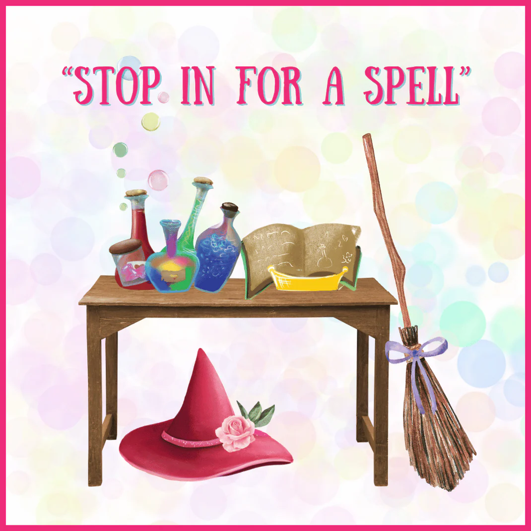 A lively table with vibrant potion bottles, an open book, and broom invites Essex County friends—“STOP IN FOR A SPELL” above.