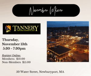 A lively November Mixer flyer invites the Essex County community to connect at Tannery Historic Marketplace, with event details and a glowing aerial night view.