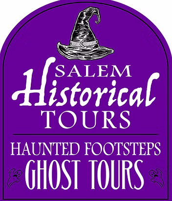 A lively purple sign with a playful black witch’s hat welcomes all to Salem’s historic, community-rooted ghost tours—featuring cheerful ghost icons.