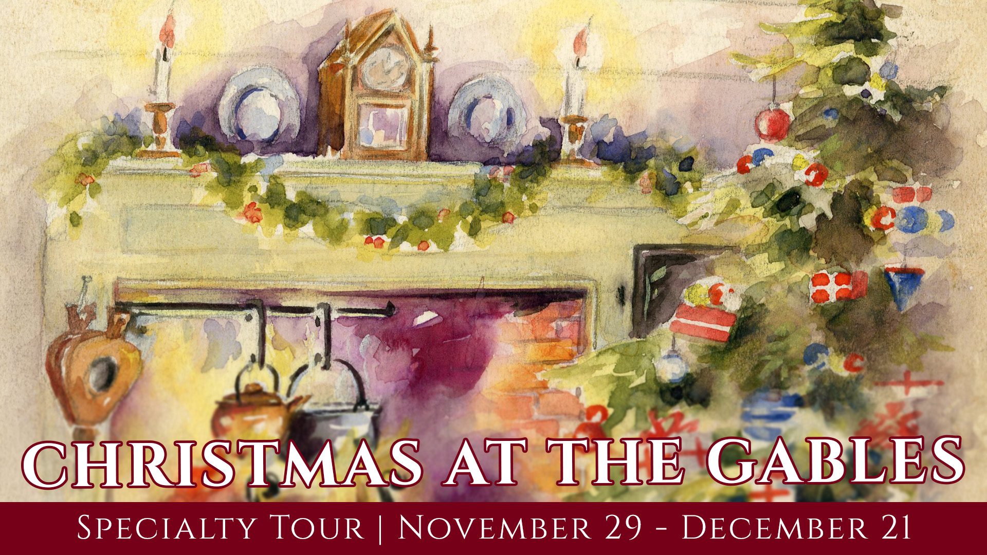 A lively watercolor of a festive mantel brimming with holiday cheer, uniting Essex County for “Christmas at the Gables” tour.