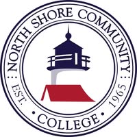A vibrant circular logo for North Shore Community College Est. 1965, with a bright lighthouse and red roof symbolizing Essex County unity.