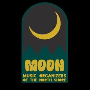 A vibrant logo with a yellow crescent moon rising over lively green peaks on black, boldly uniting Essex County through MOON music.