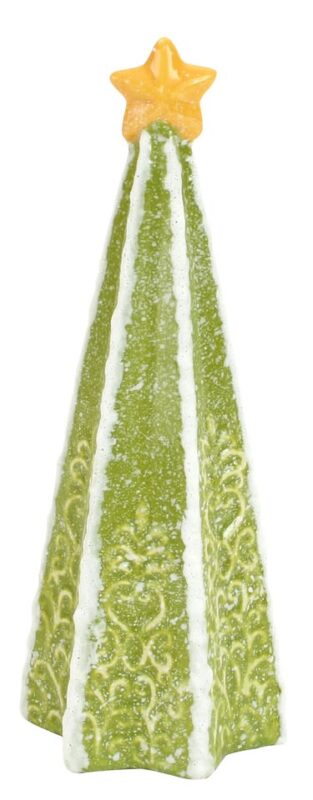 A lively, green cone-shaped tree sparkles with creative patterns and white accents, crowned by a yellow star—a festive Essex County icon.