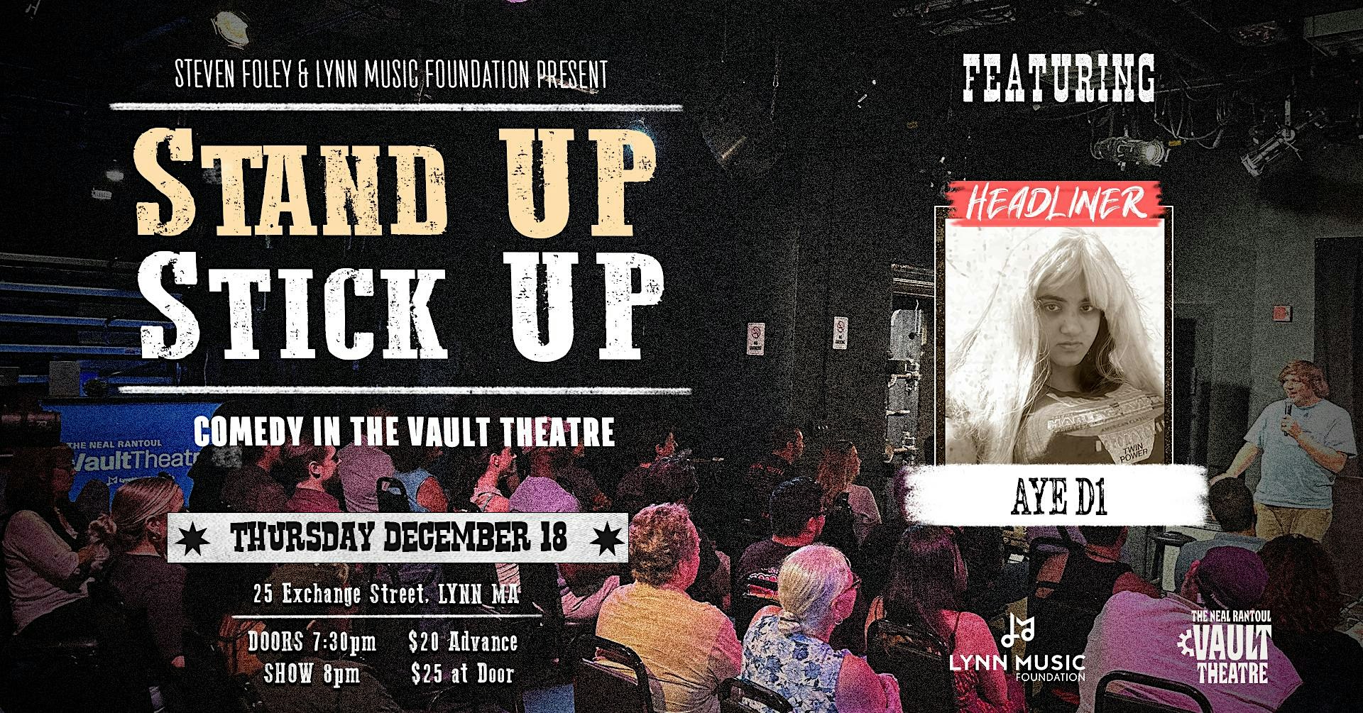 Vibrant poster for “Stand Up Stick Up” comedy night at The Vault Theatre with Aye DI, uniting Essex County on Dec 18.