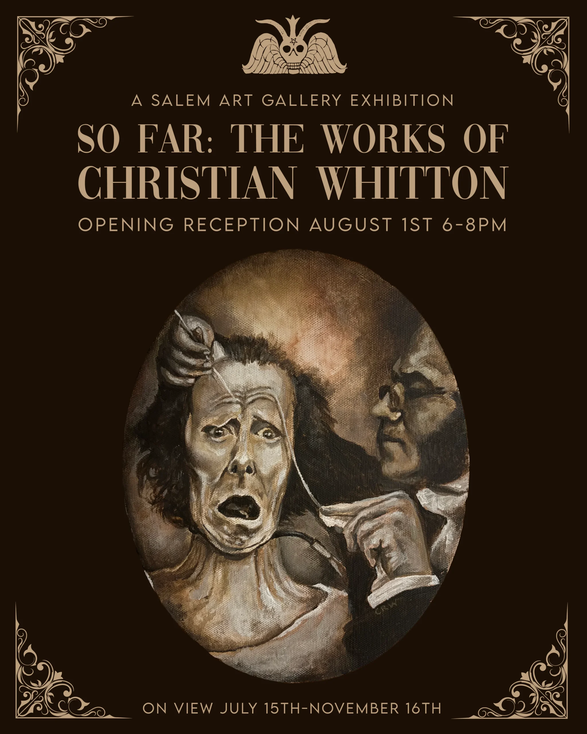 Vibrant Salem Art Gallery poster shows two people removing a mask together, celebrating Essex County’s creative community spirit—event details glow in gold on deep brown.