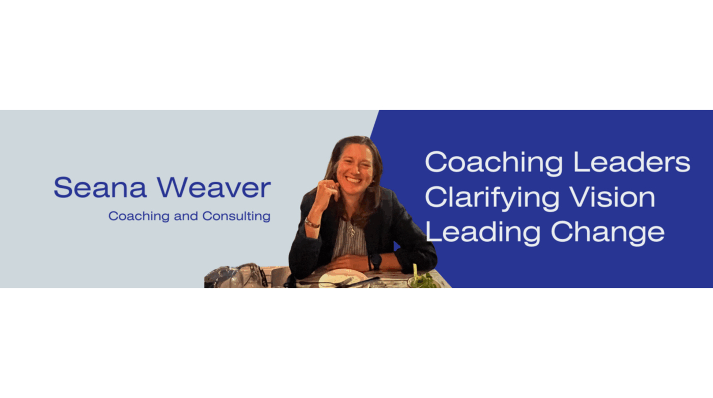 A vibrant woman at a table beams, hand raised in connection. “Seana Weaver Coaching: Inspiring Essex County leaders for change.”.