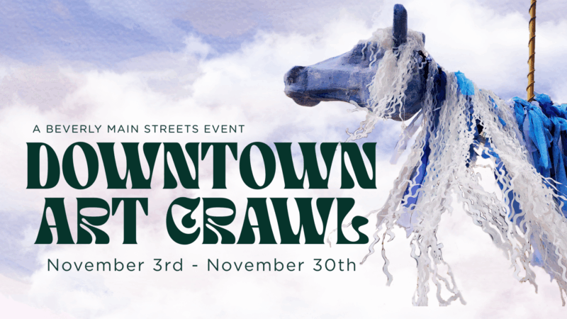 Vibrant poster for Essex County’s Downtown Art Crawl, with a lively blue horse sculpture in ribbons and November event dates.