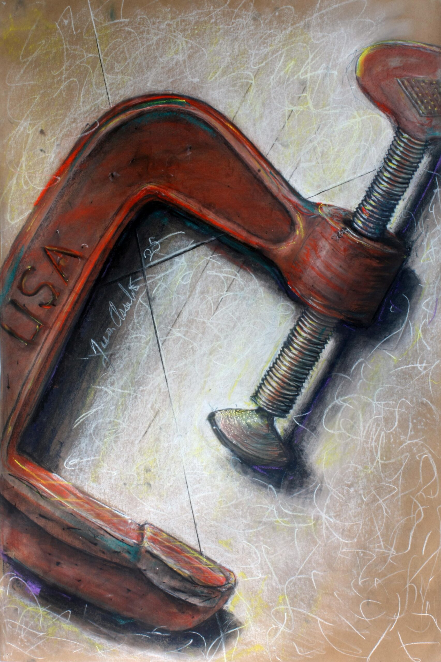 A vibrant red metal C-clamp, “USA” engraved, pops against lively sketch lines—symbolizing Essex County’s creative community spirit.