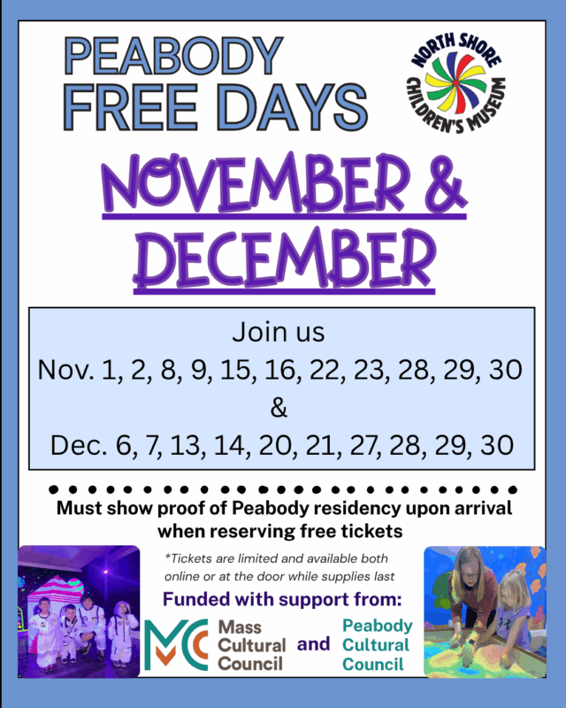 Colorful flyer celebrates “Peabody Free Days” at North Shore Children’s Museum, highlighting local families, play, and Essex County pride.
