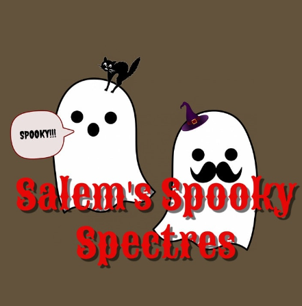 Two lively cartoon ghosts—one with a cat, one sporting a witch hat—spark Salem’s creative spirit. Red text: "Salem's Spooky Spectres.