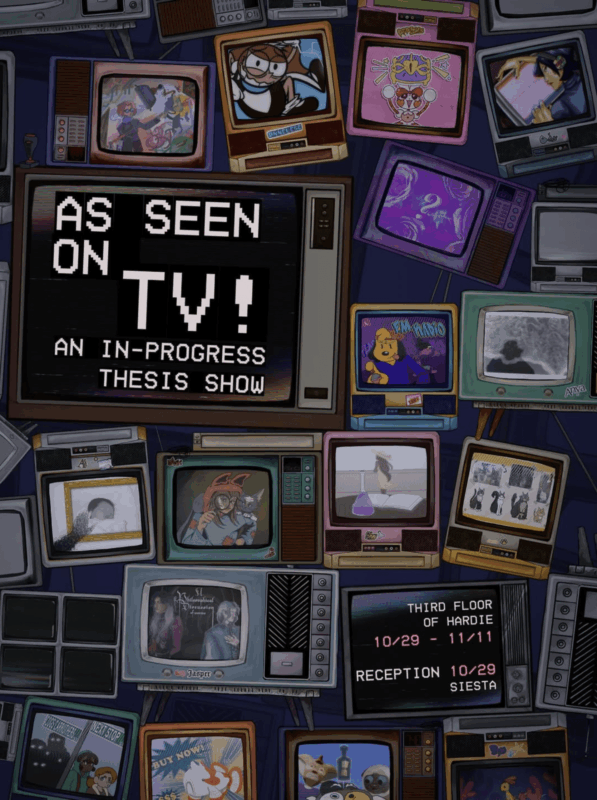 Vibrant collage of vintage TVs bursting with cartoons invites Essex County to a creative thesis show, 10/29–11/11, at Hardie.
