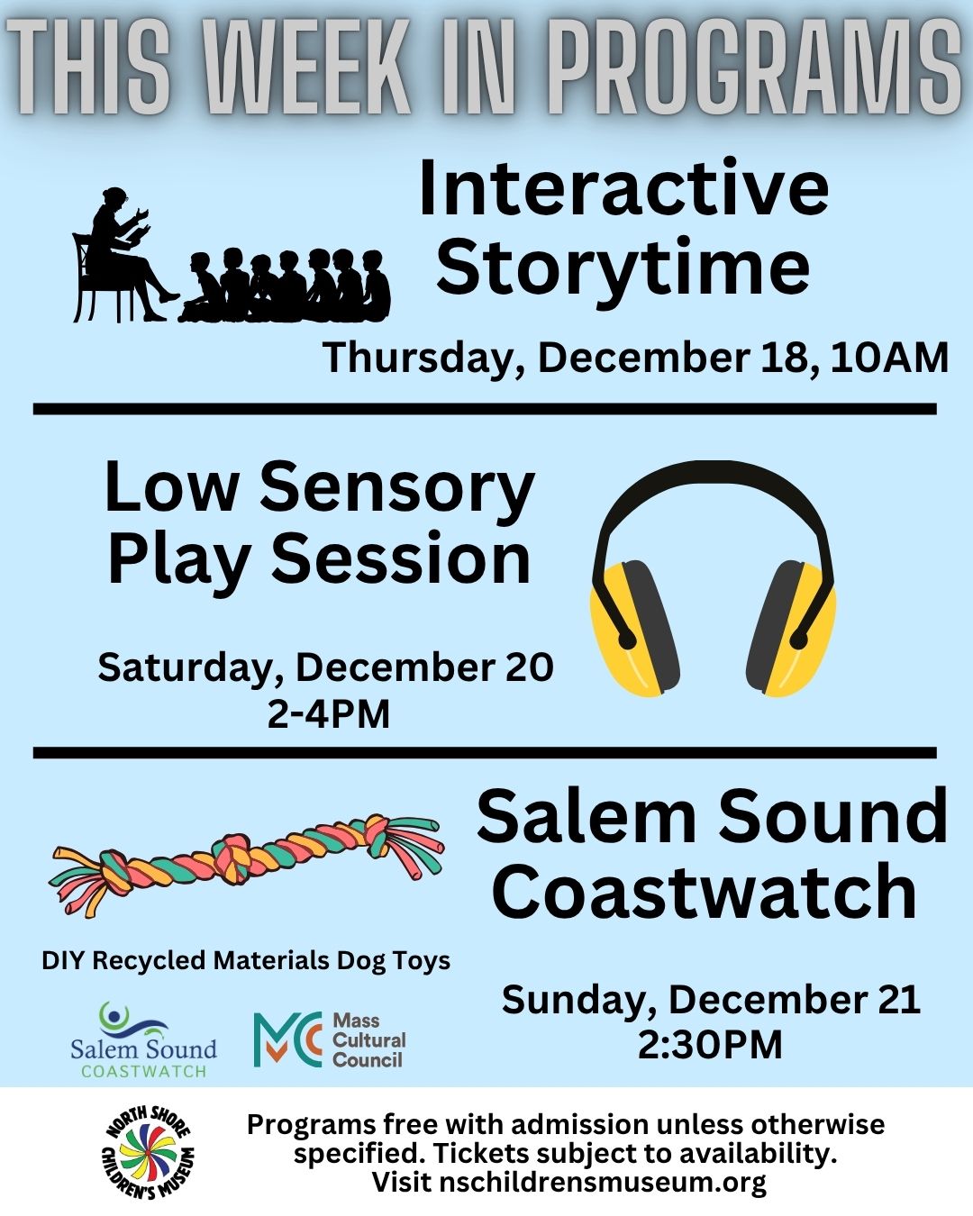 Colorful flyer spotlights Essex County events: creative storytime, inclusive sensory play, and Salem Sound Coastwatch meetup. Event logos and playful dog toy inspire community fun!.