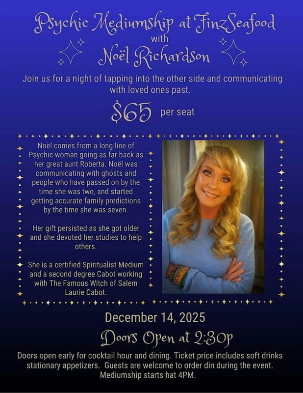 A lively flyer invites the Essex County community to a vibrant psychic night with Noël Richardson at FinzSeafood on Dec 14, 2025.