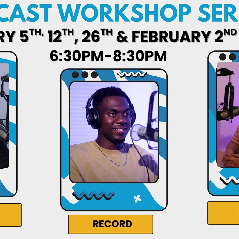 Colorful podcast workshop promo: three lively locals on mics, uniting Essex County voices. Join us Feb 2, 5, 12, 26, 6:30–8:30PM!.