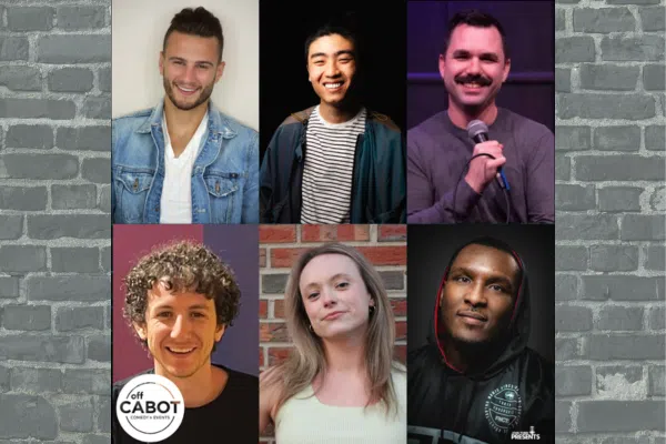 Six vibrant local comedians smile in two rows, ready to spark laughter and unite Essex County. Off Cabot Comedy & Events logo shines below.
