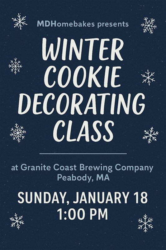 Festive flyer with snowflakes invites Essex County locals to a lively Winter Cookie Decorating Class at Granite Coast Brewing, Jan 18.