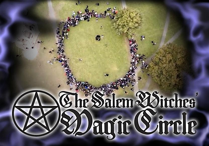 A vibrant crowd joins hands in a circle on lush grass, celebrating Essex County spirit. A pentagram and “The Salem Witches’ Magic Circle” shine below.
