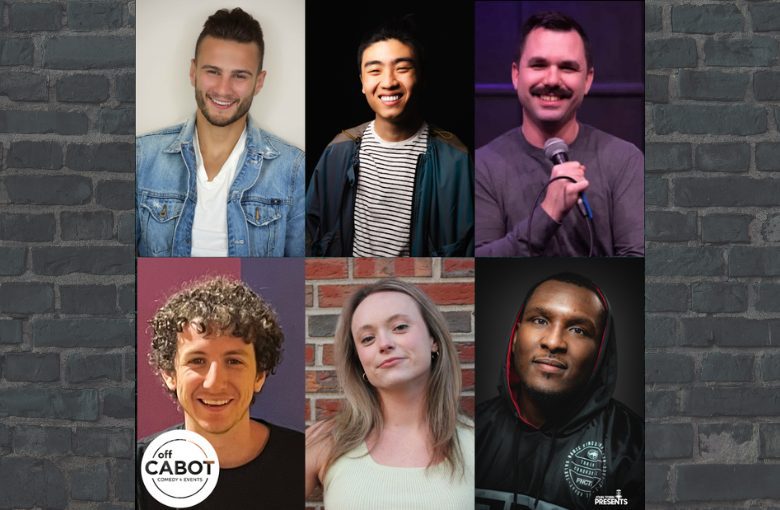 A vibrant collage of six Essex County comics—diverse, lively portraits radiate creative energy; our comedy club logo unites the group.