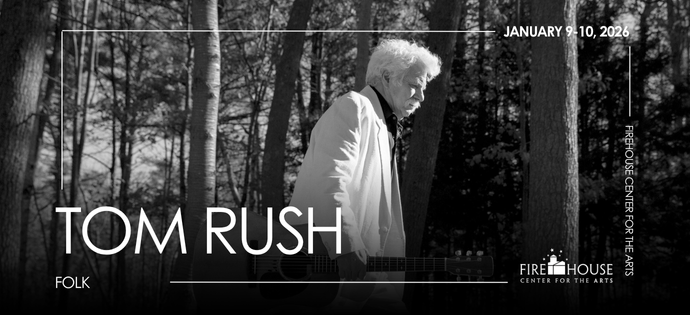 Dynamic black-and-white photo of Tom Rush with his guitar in nature, inviting Essex County to vibrant folk nights at Firehouse Center, Jan 9-10, 2026.