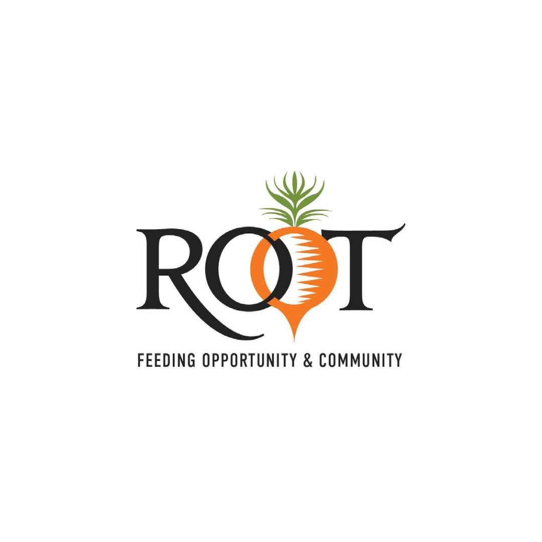 ROOT" bursts in bold black capitals; overlapping O’s pop, with one as a vibrant carrot. Below: "FEEDING OPPORTUNITY & COMMUNITY" sparks Essex County unity.