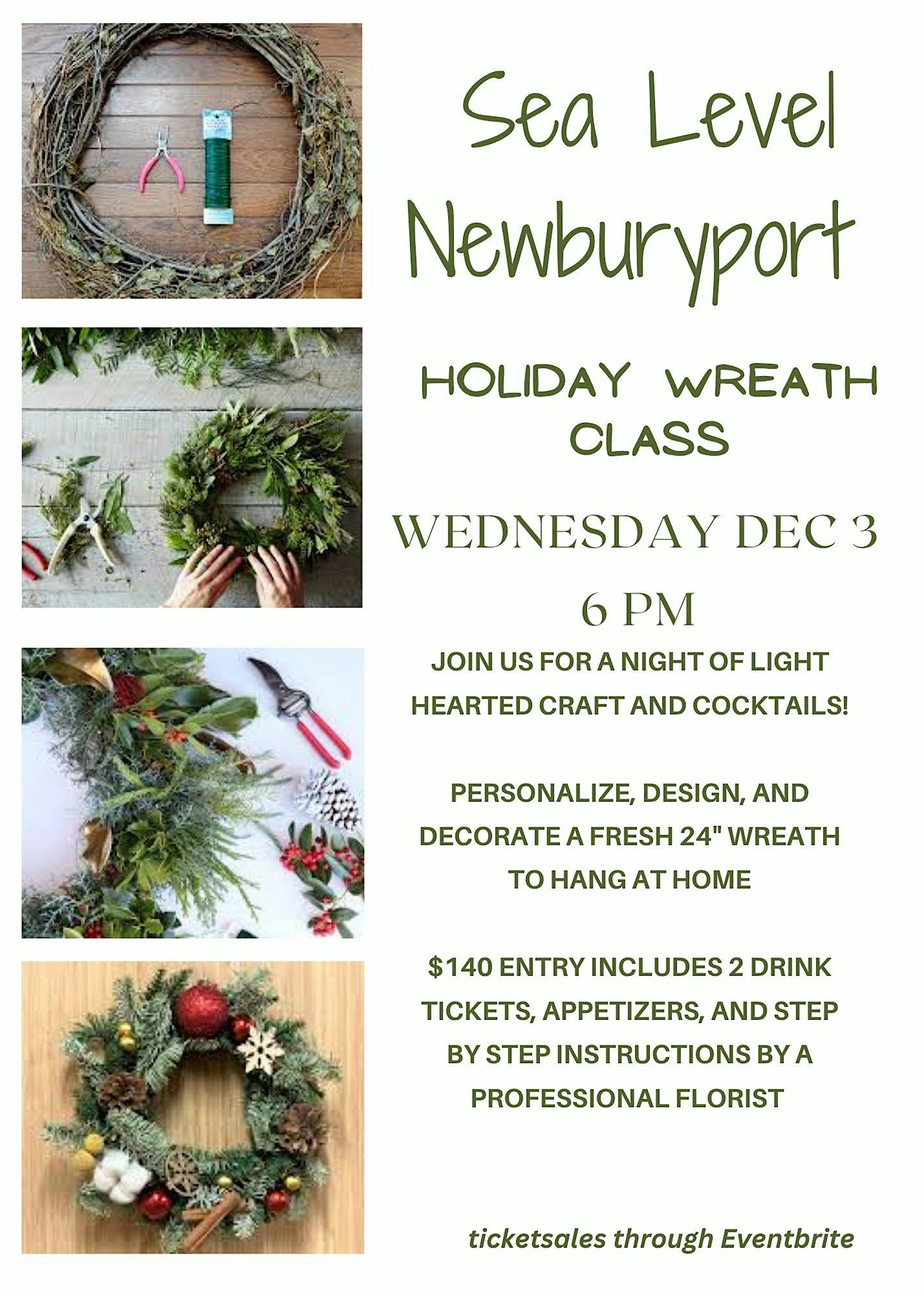 Lively flyer invites Essex County locals to a holiday wreath class in Newburyport, Dec 3, 6PM—fun, friends, florals & festive bites!.