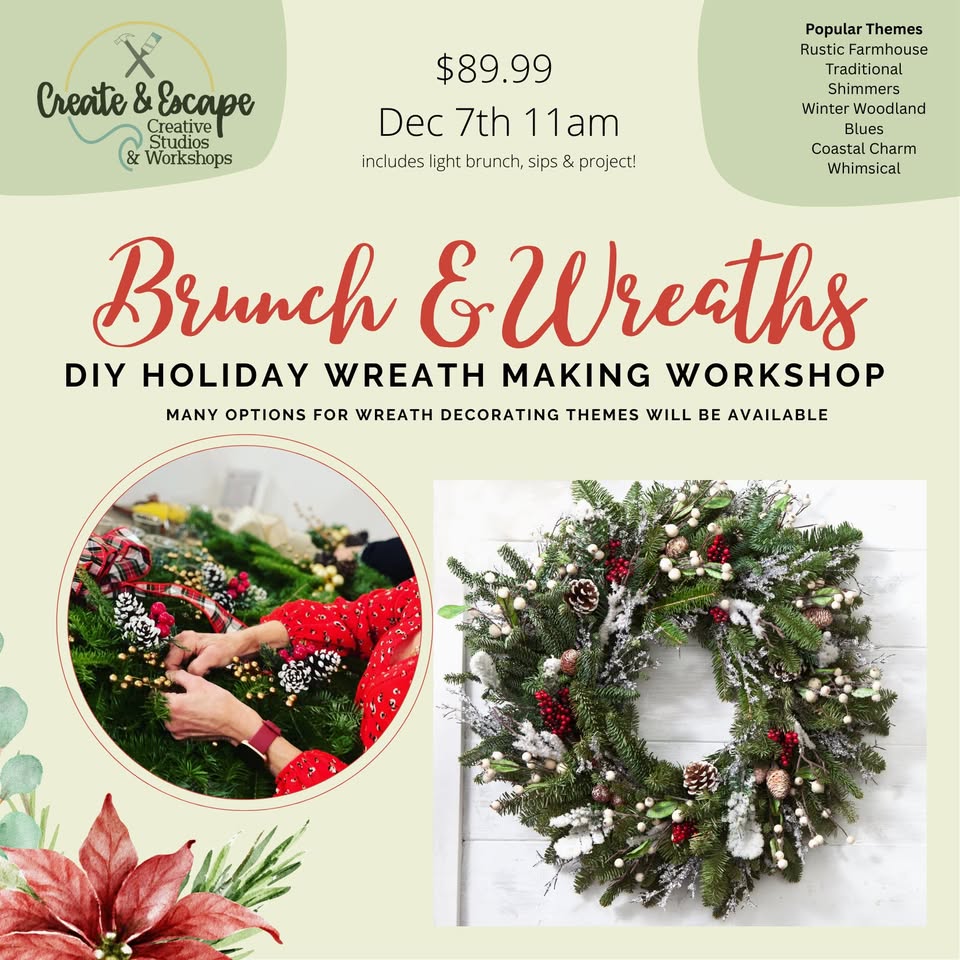 A vibrant flyer invites Essex County neighbors to a festive DIY “Brunch & Wreaths” workshop, with joyful hands crafting wreaths together.