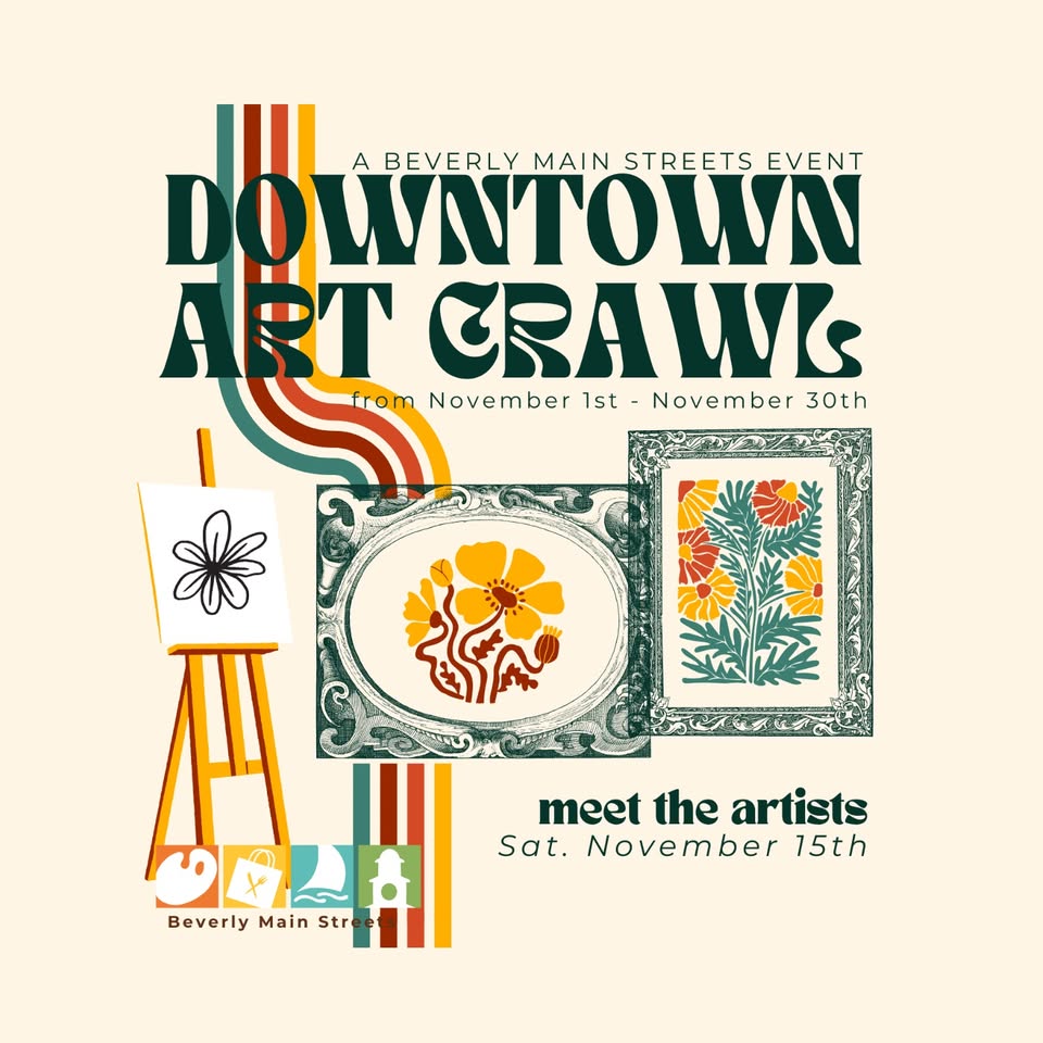 Colorful graphic for Essex County’s Downtown Art Crawl, Nov 1–30, bursting with flowers and art; meet local artists Nov 15th!.