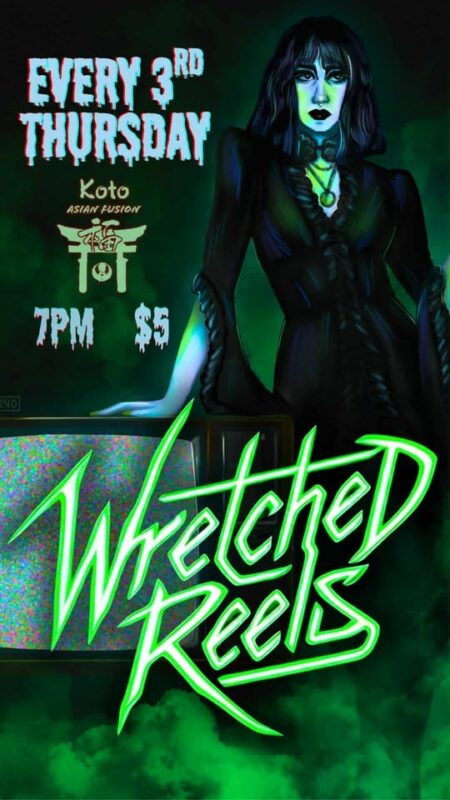 A bold gothic woman in black stands by a vintage TV as neon green and blue invite Essex County to creative film nights at Koto Asian Fusion.