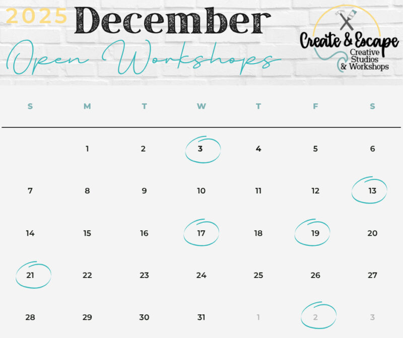 A lively December 2025 calendar for Create & Escape Creative Studios, with Essex County workshop dates circled in blue for community fun!.