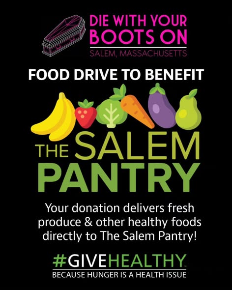 Colorful poster with playful fruits and veggies rallying Essex County to unite for The Salem Pantry—donate fresh food! #GiveHealthy.