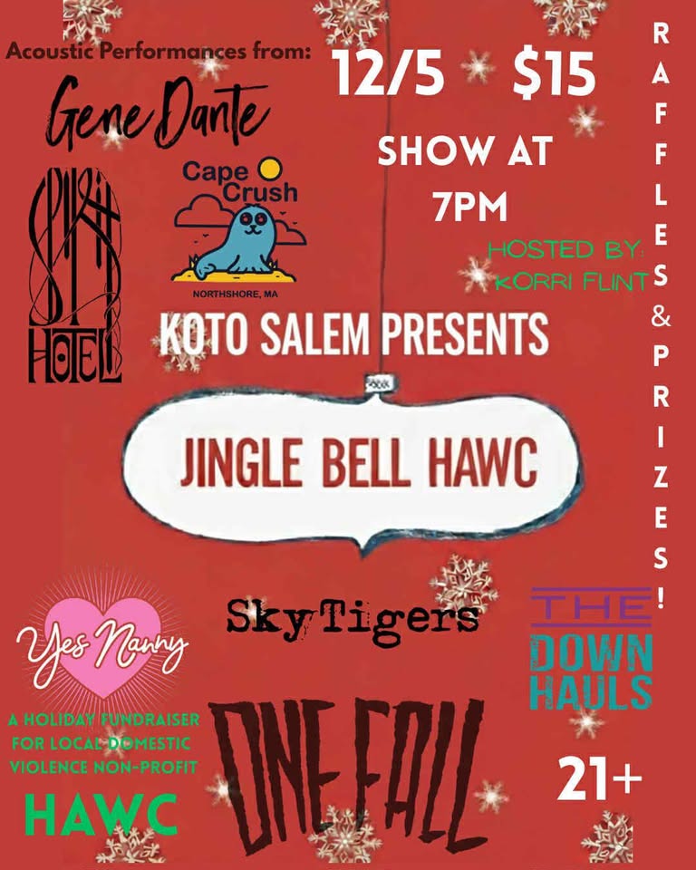 Colorful “Jingle Bell HAWC” poster at KOTO Salem with bands, 12/5 event details, prizes, and Korri Flint, rallying Essex County for community aid.