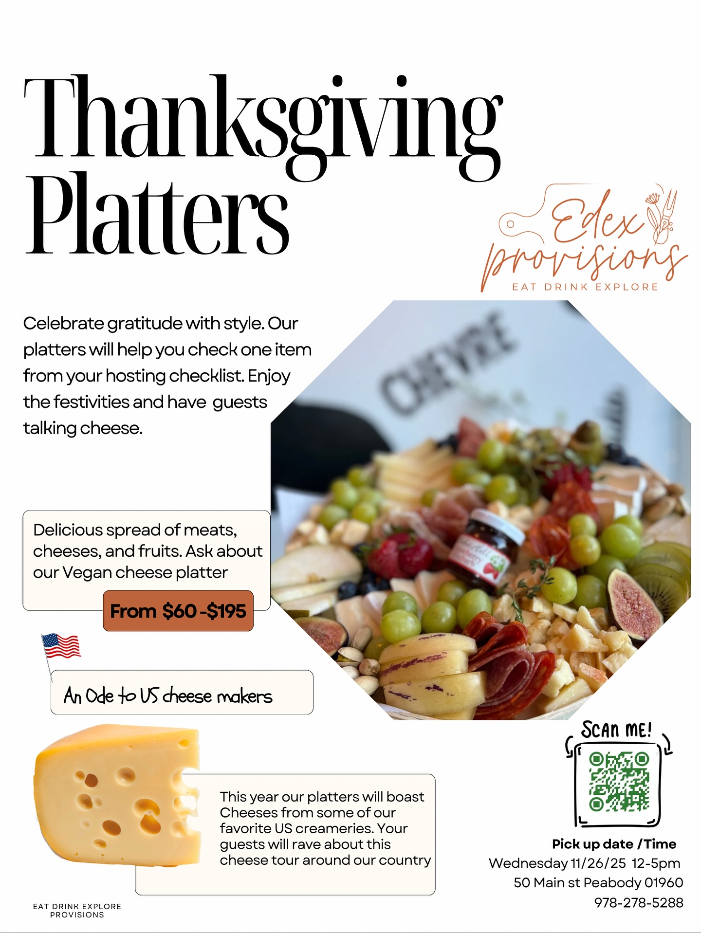 A vibrant Edex Provisions flyer showcases a creative Thanksgiving charcuterie board, connecting Essex County neighbors with festive flavors.