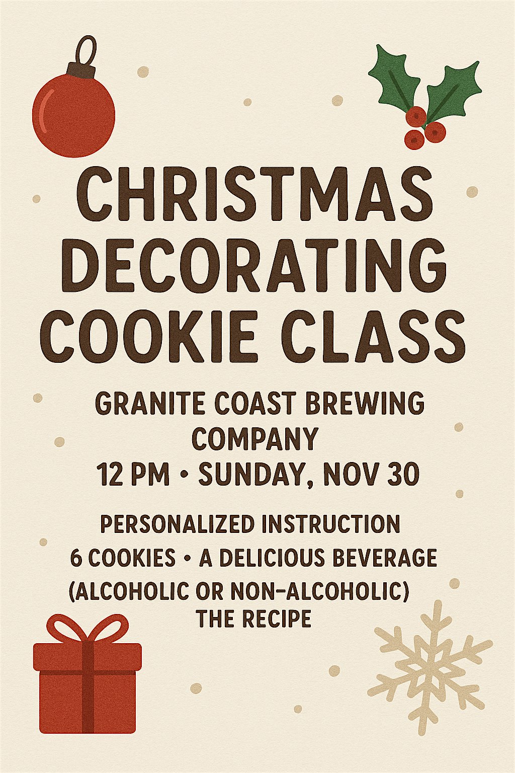 Festive flyer invites Essex County neighbors to a lively cookie decorating class at Granite Coast Brewing, Nov 30, 12PM—join the fun!.