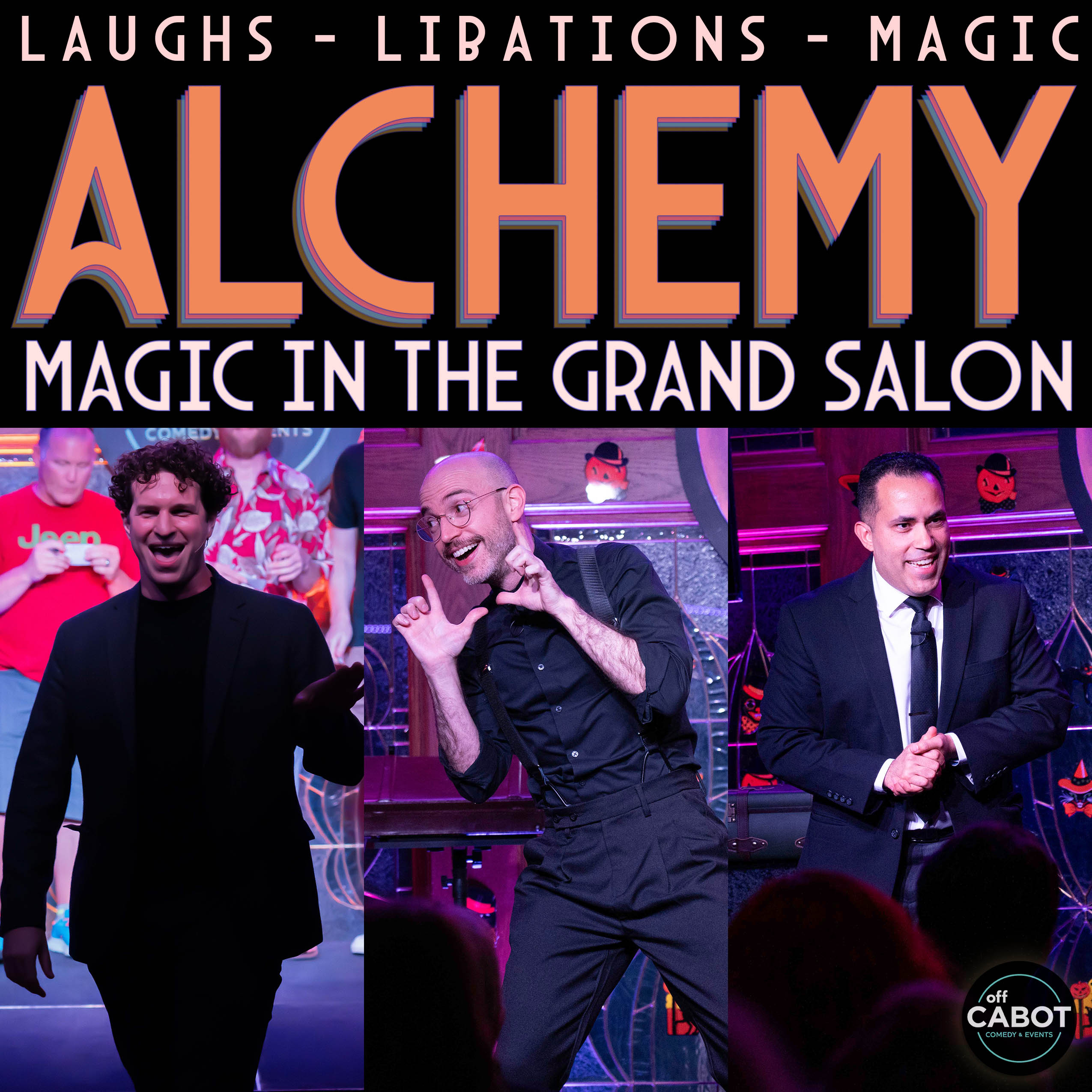 Three lively magicians dazzle on stage at “Alchemy: Magic in the Grand Salon”—sparkling with Essex County spirit and community joy.
